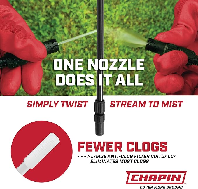 Chapin 20006 Pump Sprayer, 3‑Gallon, Lawn & Garden, Translucent Poly Tank, Funnel‑Top, SureSpray Anti‑Clog Filter, Adjustable Cone Nozzle & 34" Hose for Fertilizer, Weed & Pest Applications