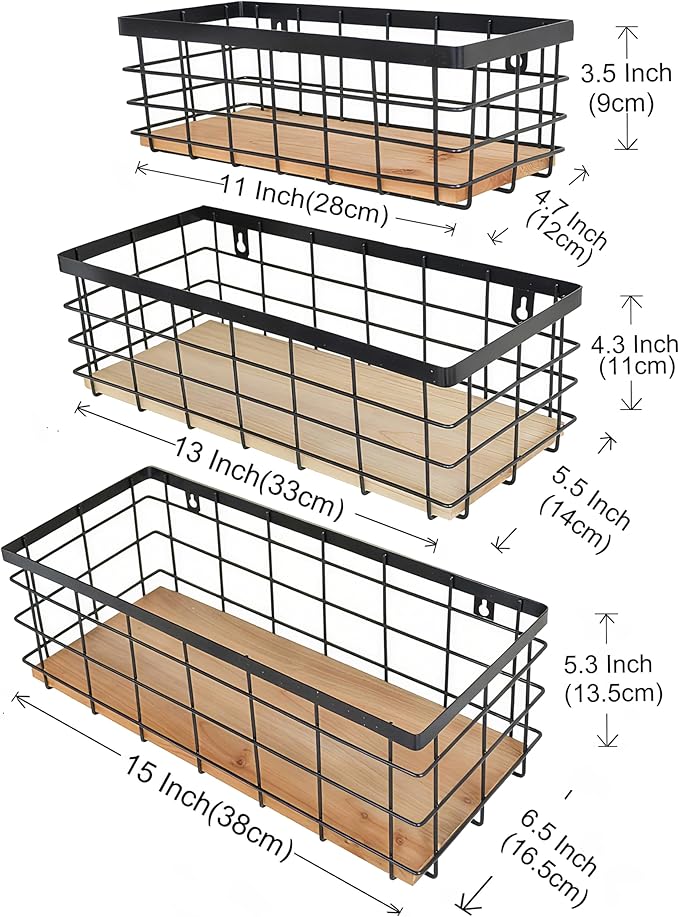 Metal Wire Basket Detachable Wood Base Storage Organizer Farmhouse Hanging Basket for Kitchen Cabinets, Bathroom, Pantry, Laundry Room Set of 3,Black Color