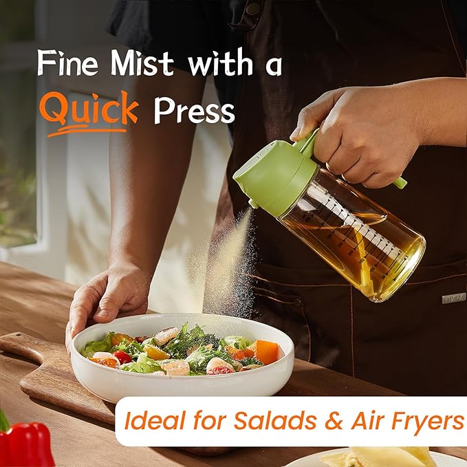 TrendPlain 16oz/470ml Glass Olive Oil Sprayer for Cooking – 2 in 1 Olive Oil Dispenser Bottle for Kitchen Gadgets and Air Fryer Accessories, Salad, BBQ - Black & Green