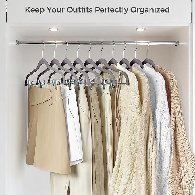 HOUSE DAY Velvet Hangers with Adjustable Clips 20 Pack, Non-Slip Suit Organizer with 360° Hook - Heavy Duty Hanger for Pants, Skirts, Blouses, Dresses - Outfit Hangers All-Season Space Saver (Grey)