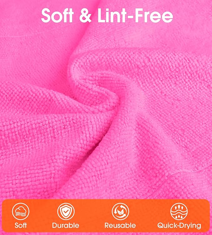 CHAUNCEY HOME Microfiber Cleaning Cloth Roll - 100 Pack Tear Away Microfiber Paper Towels, Reusable, Washable, Scratch-Free, Kitchen Towels for Car, Home, Kitchen, Glass, Dishes (Hot Pink)