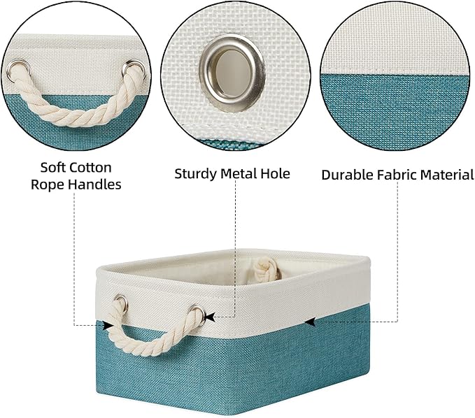Bidtakay Fabric Baskets for Organizing Closet Set of 6 Small Storage Bins 11.8 X 7.8 X 5 Inches Decorative Storage Baskets for Shelves Foldable Bins for Cube Organizer Rectangular(White&Teal Blue)