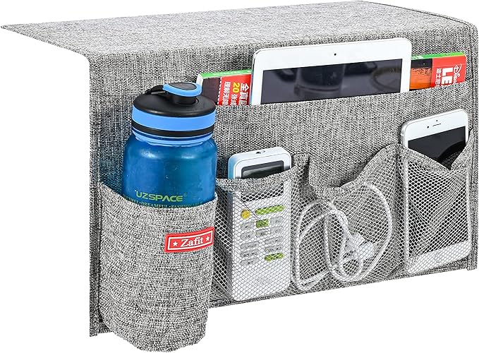 Zafit Linen 5 Pockets Bedside Caddy, Bedside Storage Organizer with Water Bottle Holder for Magazine, Remotes, Phone (Grey)