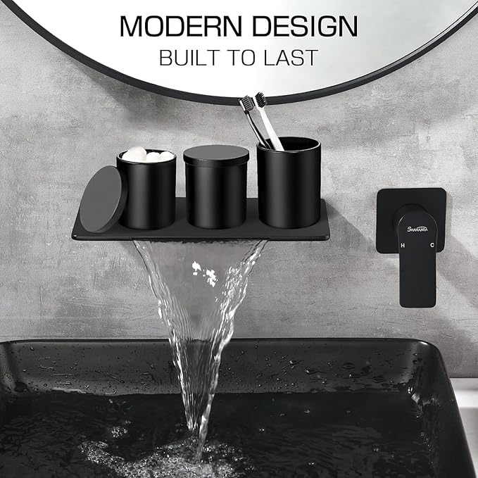 Matte Black Bathroom Accessories Set, 5 Pcs Bathroom Accessories Set, Glass Soap Dispenser and Toothbrush Holder Set, Qtip Holder and Cotton Ball Holder, Modern Bathroom Decor Sets
