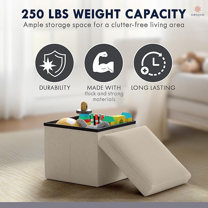 Ornavo Home Small Storage Ottoman Foldable Collapsible Cube Square Linen Ottoman Foot Rest Stool Seat, for Living Room, Bedroom, Home Office, Dorm - 12 x 12 x 12, Beige