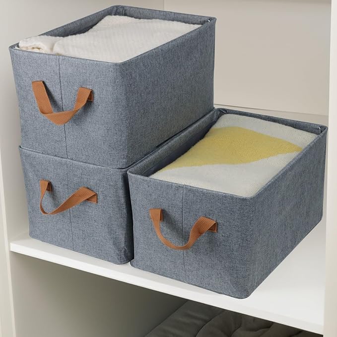 4 Pcs Fabric Storage Bins, Organization Baskets for Shelves, 15" Linen Closet Organizer with Handles, Metal Frame, Natural Color, Shelves Basket for Organizing, Gray