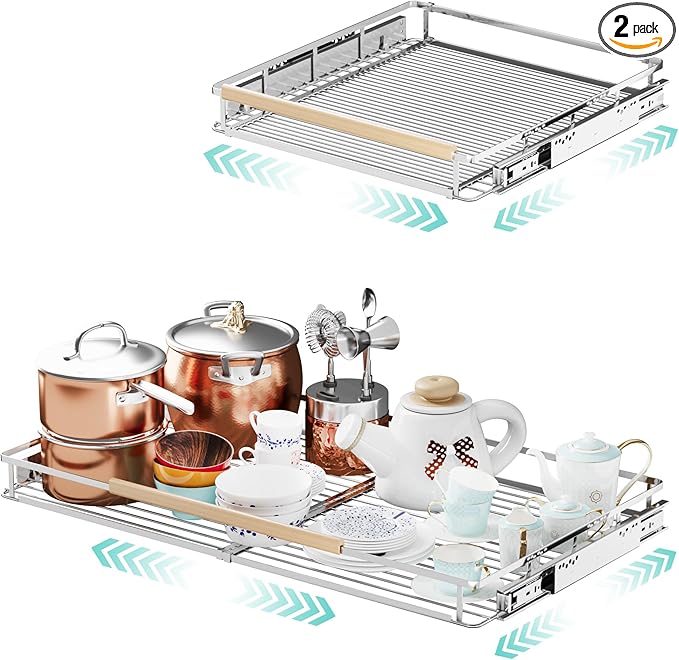 jkxoo 2Pack Expandable Pull Out Cabinet Organizer, Adjustable Width:23.2~39.9''W x 22.5''D Under Sink Organizer, Drawer Storage Shelves for Kitchen, Bathroom, Closet, Pantry, Cupboard, Pots, Pans