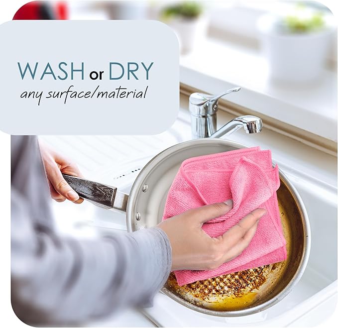 Hearth & Harbor Microfiber Cleaning Cloth Microfiber Towels for Cars 24 Pack Washcloths Pink Cleaning Rags Reusable Microfiber Towel Microfiber Cloth Rags Lint Free Cloth 12Inchesx12Inches