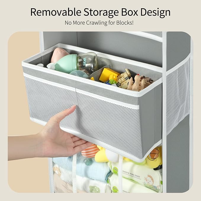 Yecaye 6 Tier Over The Door Organizer with Detachable Bin, Stuffed Animal Storage with Clear PVC Windows, Door Organizer Hanging for Bedroom Nursery Closet Dorm Room Laundry Pantry Bathroom, Grey