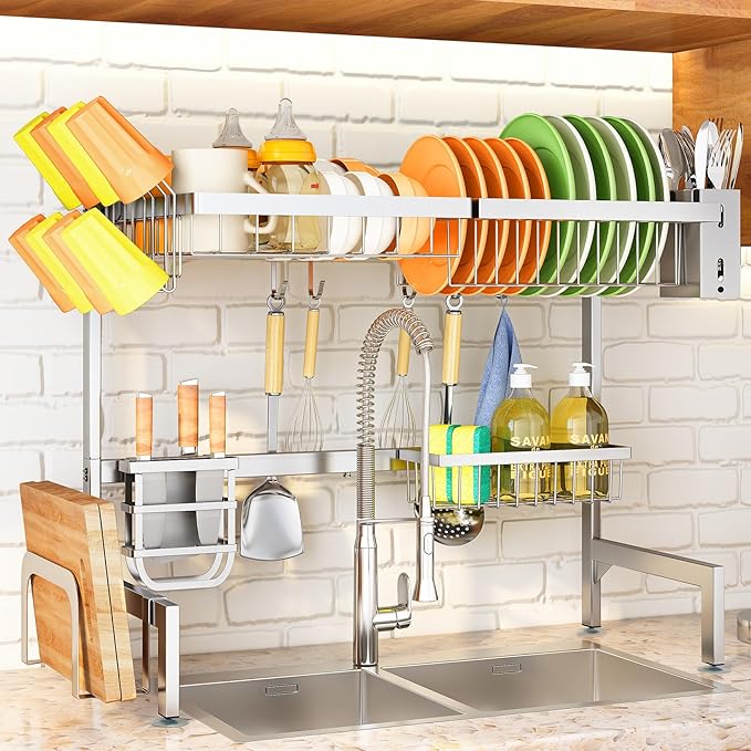 Over The Sink Dish Drying Rack - Adjustable Dish Rack for Kitchen Counter,Metal (Silver)