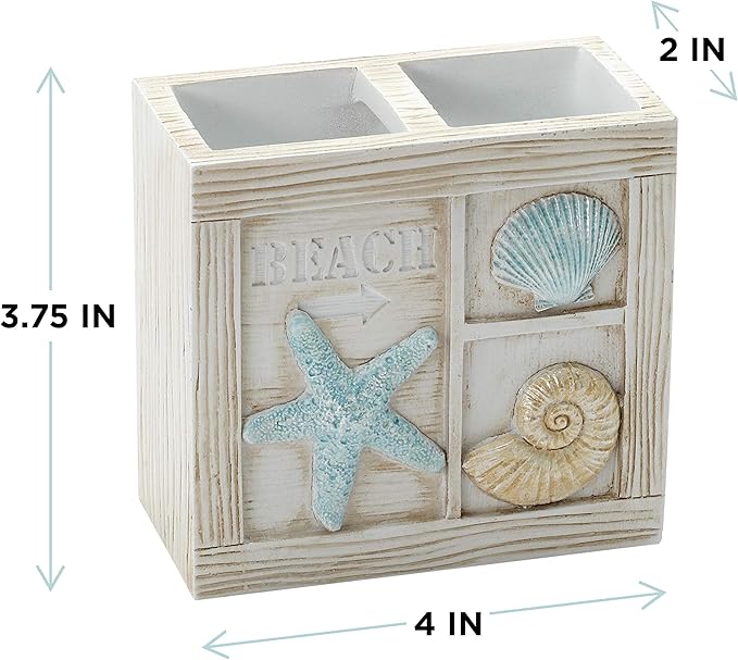 Zenna Home Seaside Serenity Bathroom Toothbrush Holder with Carved Resin Design, Holds Up to 4 Brushes, Electric Toothbrush Holder for Bathroom Decor with Hand-Painted Shells, Teal/Ivory