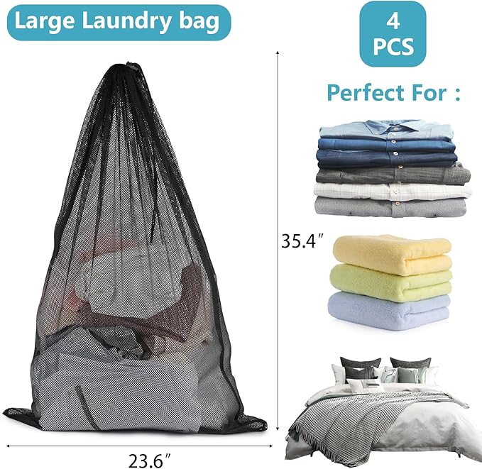 4 Pack Laundry Bags Mesh Wash Bags 23.6 x 35 Inch, Jumbo Laundry Drawstring Bag for Home, College Dorms, Travel, Black