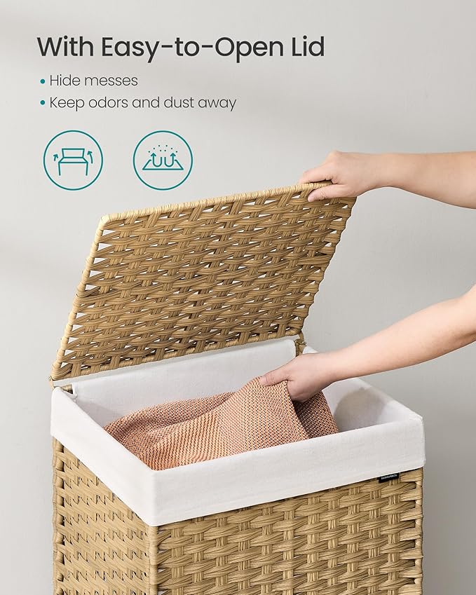 SONGMICS Laundry Hamper with Lid, 31.7 Gallons (120 L), Rolling Laundry Basket with Wheels, Synthetic Rattan, Removable Liner, Bedroom, 18.1 x 15.7 x 26 Inches, Natural Color ULCB161Y01