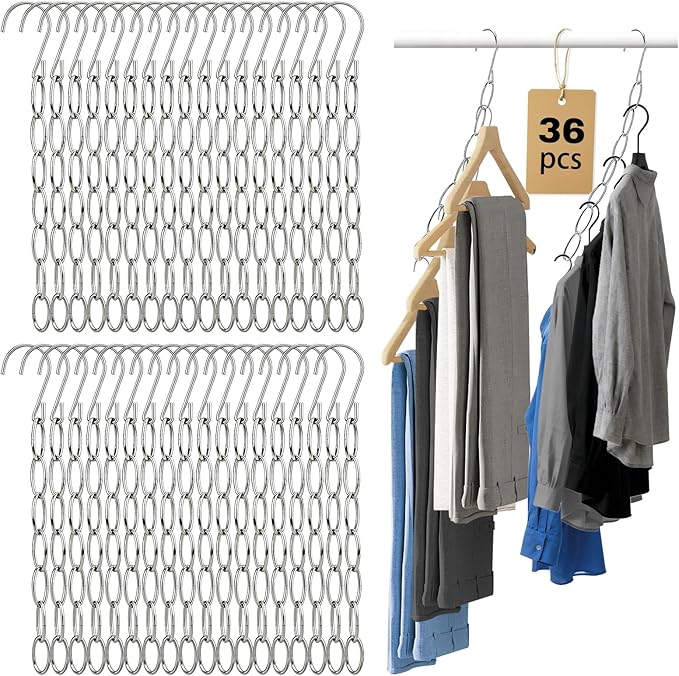 36 Pack Clothing Chain Hanger Collapsible Metal Closet Organizer Space Saving Hangers for Clothes with 7 Holes Apartment College Dorm Room Essentials,Cascading Hanger for Home,Travel,Cruise Ships,RVs