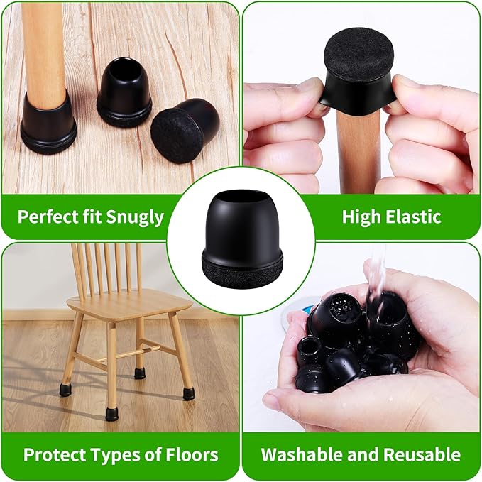24 Pcs Silicone Chair Leg Floor Protectors for Hardwood Floors, Felt Furniture Pads Rubber Chair Leg Caps, Bar Stool Leg Floor Protectors, Anti-Scratch & Reduce Noise, Round(Black, Fit: 0.75"-1.1")