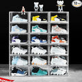 12 Pack Shoe Boxes, Clear Acrylic Stackable Plastic Sneaker Box Container, Magnetic Drop & Side Open Shoe Organizer Case Container With Lids Fits Up to Size 14 (Crystal Clear)