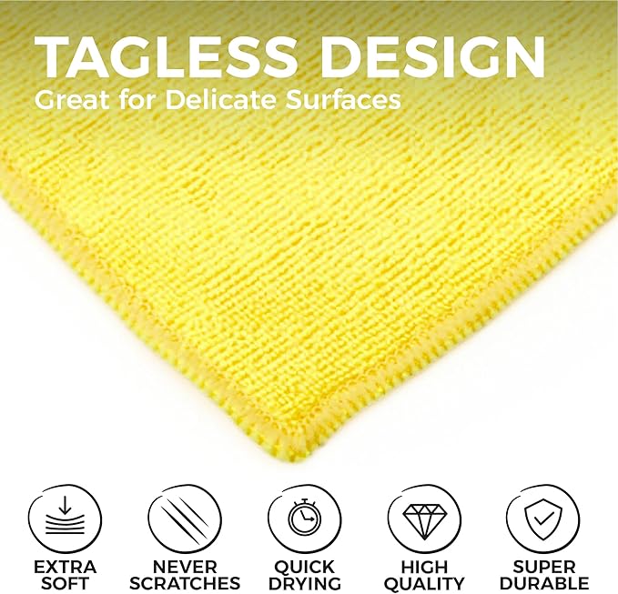 The Rag Company - All-Purpose Microfiber Terry Cleaning Towels - Commercial Grade, Highly Absorbent, Lint-Free, Streak-Free, Kitchens, Bathrooms, Offices, 300gsm, 16in x 16in, Yellow (12-Pack)