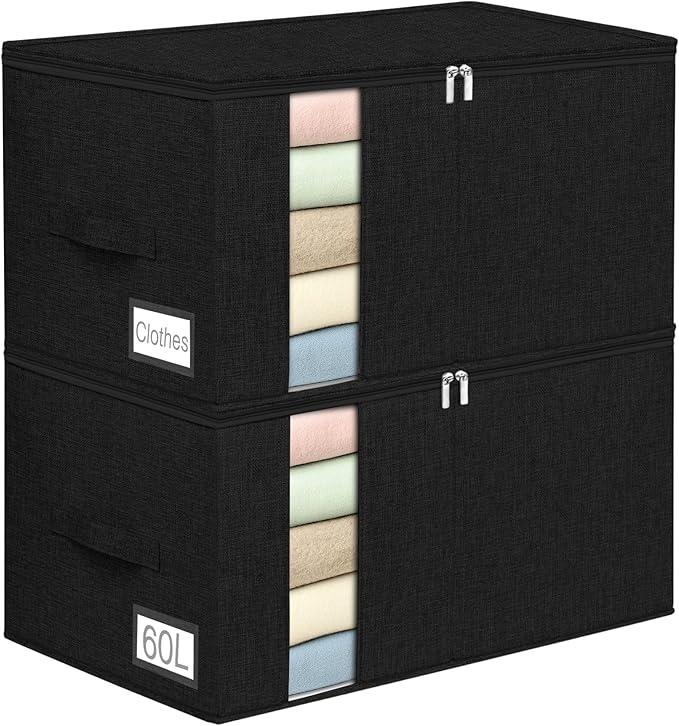 boailydi 60L Comforter Storage Bag, Sturdy Construction Blanket Storage Bin w/Durable Handles, Foldable Storage Box w/Dual Zippers for Sheets Quilts Sweaters Bedding Sets Pillows, 2 Pack, Black