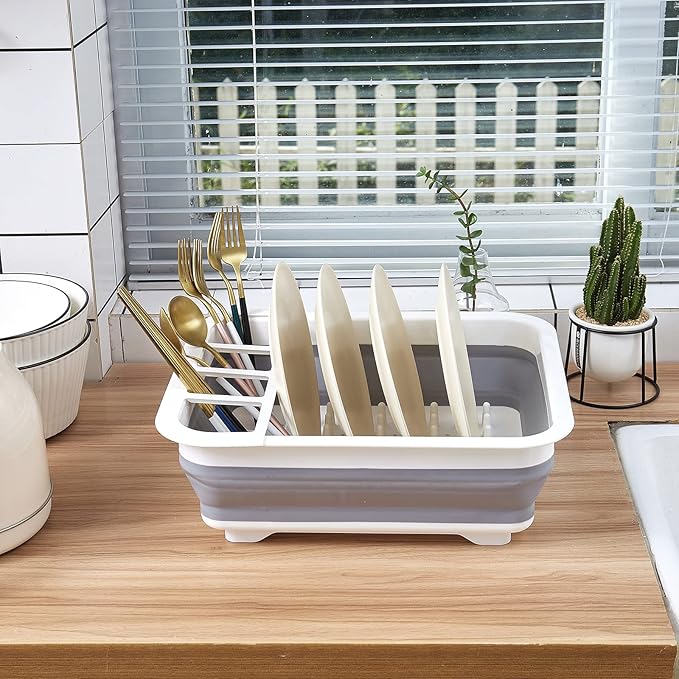 Collapsible Dish Rack for Drying Dishes - Space-Saving and Foldable Design with Versatile Removable Components - Dinnerware Storage Organizer for Small Kitchen Spaces