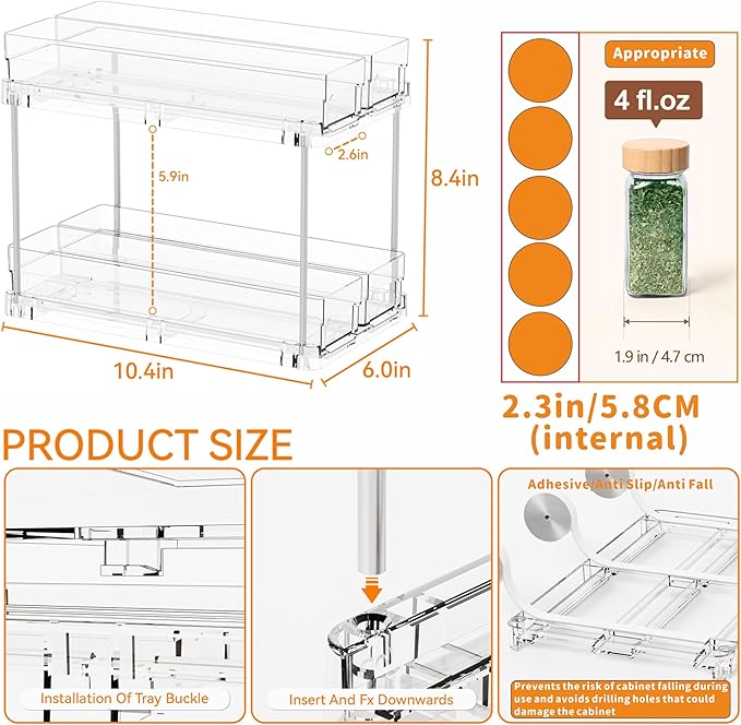Yieach 2 Tier Sliding Spice Racks for Cabinets,1 Pack 10.4'' Deep Narrow Vertical Spice Rack Pull Out for Inside Cabinets,Kitchen,Pantry,Cupboard Seasoning,Jar Organizer and Medicine Cabinet Storage