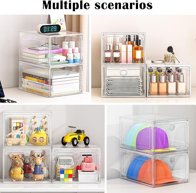 ARSTPEOE 6 Pack Upgrade Harder Shoe Organizer, Shoe Storage with Magnetic Front Door, Clear Shoe Boxes Foldable Space-Saving Shoe Rack for Sneaker Boot Container, White