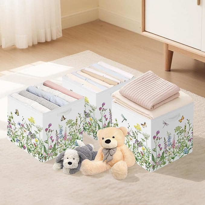 Clastyle Flowers Storage Cube Organizer Set Handle Closet Clothes Cube with Metal Frame Foldable Parents Organizer Storage Basket for Book Toy,Green,11.8x11.8x11.8 in