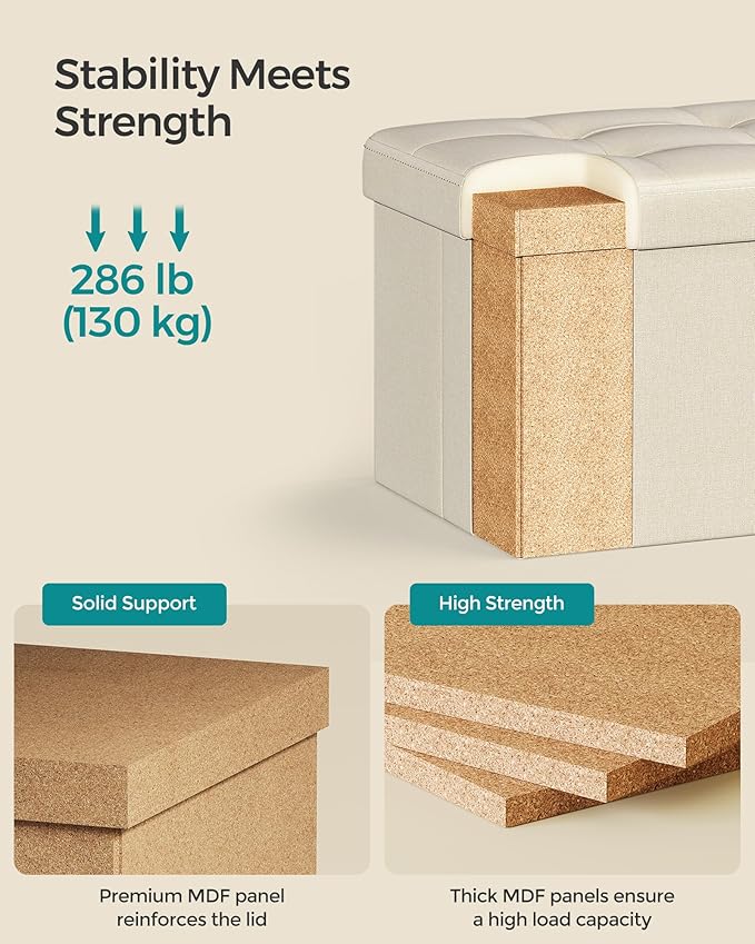 SONGMICS Mazie Collection - Small Folding Storage Ottoman, Foot Rest Stool, 12.2 x 16.1 x 12.2 Inches, 286 lb Load Capacity, for Living Room, Bedroom, Home Office, Dorm, Cream White ULSF102W01