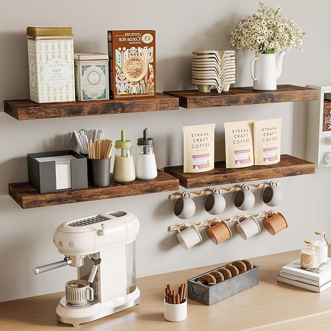 Fixwal 15.8in Wall Shelves, Rustic Wood Finish Floating Shelves Set of 4, Shelves for Wall Decor, with Invisible Brackets for Bathroom, Living Room,Bedroom and Kitchen(Rustic Brown) | Wall Shelves, for Bathroom, Living Room, Bedroom, Kitchen