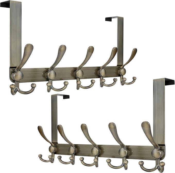 Dseap Over Door Hook 2.0 - Upgraded Version - Simple-Assembly, Strong, Heavy-Duty Stainless Steel 5-Tri-Hook Over The Door Hanger Rack, SimpleStrong Series, Bronze, Pack of 2