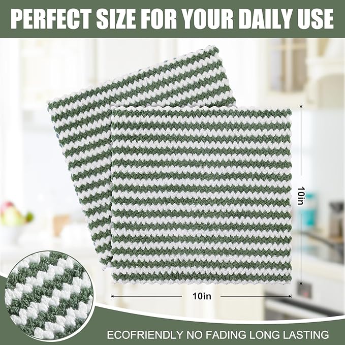 Homaxy 24 Pack Kitchen Dish Cloths, Ultra Soft and Absorbent Dish Towels, Reusable Fast Drying Microfiber Cleaning Cloth, Coral Velvet Wave Design No-lint, 10 x 10 inches, Grass Green