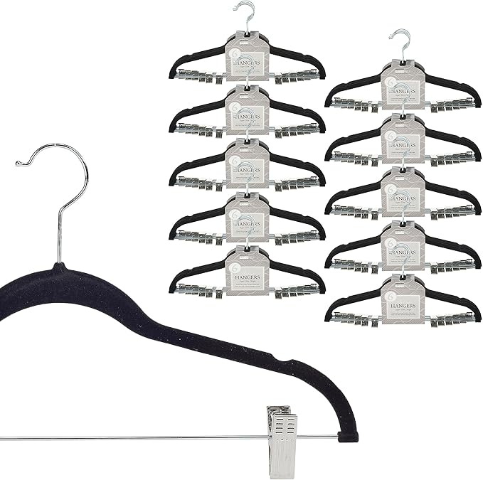 Simplify 60 Pack Velvet Hangers with Clips | Skirt and Pants | Slim Space Saving | Closet Organization | Non-Slip | Prevent Creases | Swivel Neck | Durable | Black