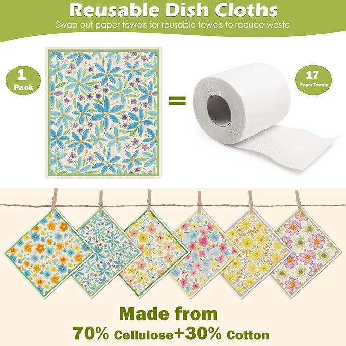 6 Packs Swedish Paper Cloths for Kitchen, Reusable Paper Towels Washable Dish Rags, Highly Absorbent Kitchen Towels Quick Drying Swedish Sponge Cleaning Dish Cloths(Orange Pink Blue Floral)