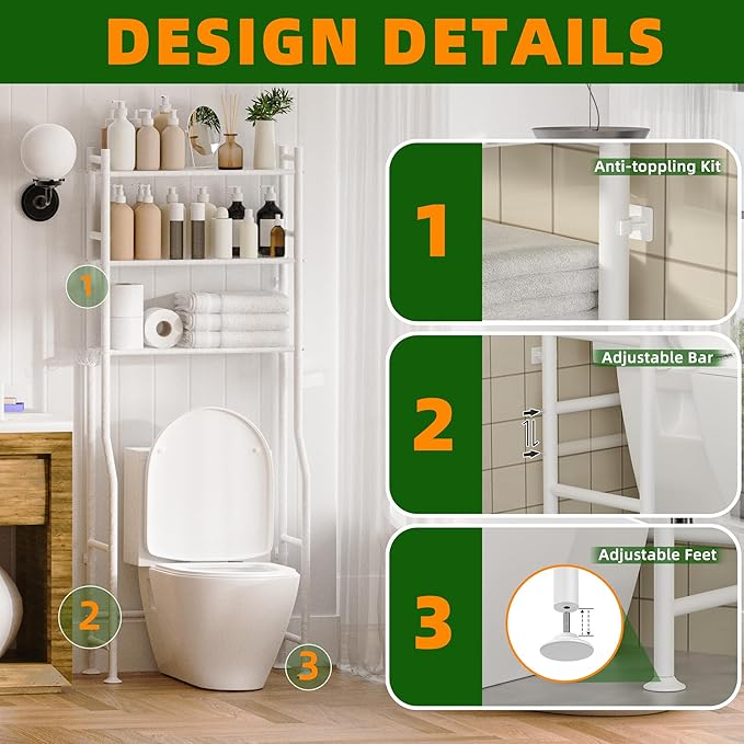 3-Tier Over The Toilet Storage, Space Saver Metal Bathroom Shelves, Freestanding Above Over Toilet Storage Shelf with 4 Hooks for Bathroom, White