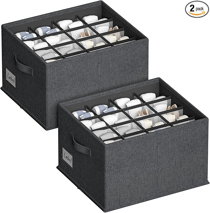 2 Pack Shoe Organizer for Closet, Fits 16-32 Pairs Fabric Shoe Storage Bins Large Shoe Box Storage Containers with Bottom Support for Shoes Space Saving Shoes Holder (Black, 19.7*15.7*11.8in)