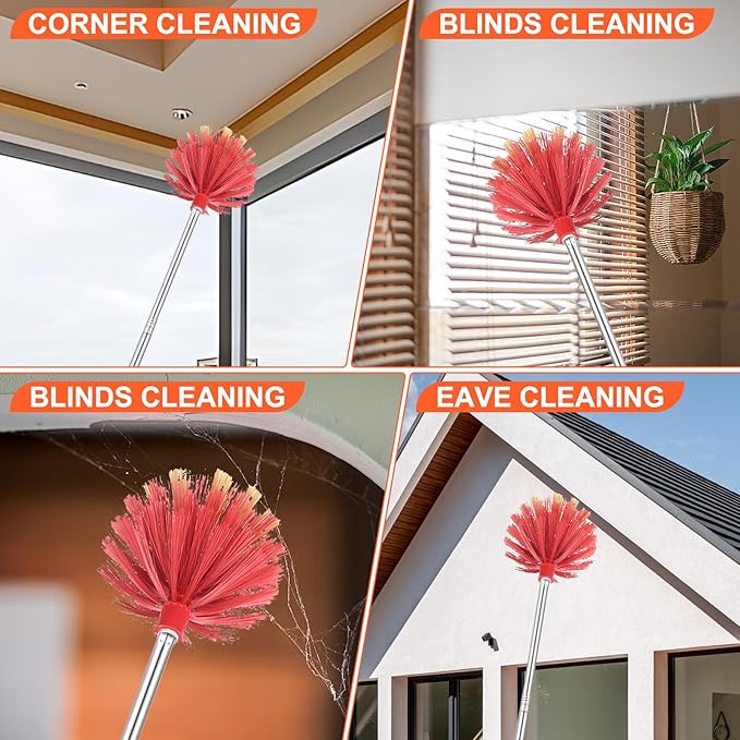 Cobweb Duster with Extension Pole, 59" Adjustable Stainless Steel Pole, Washable Duster with Medium-Stiff Bristles for Ceiling Fan, High Ceilings, Blinds, Furniture, Kitchen, and Home Cleaning