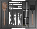 Bamboo Kitchen Drawer Organizer, Expandable Silverware Organizer with Removable Knife Block, 6-8 Slots- Utensil Holder & Cutlery Tray Drawer Dividers, 2.36" Deep for Extra Capacity, Black