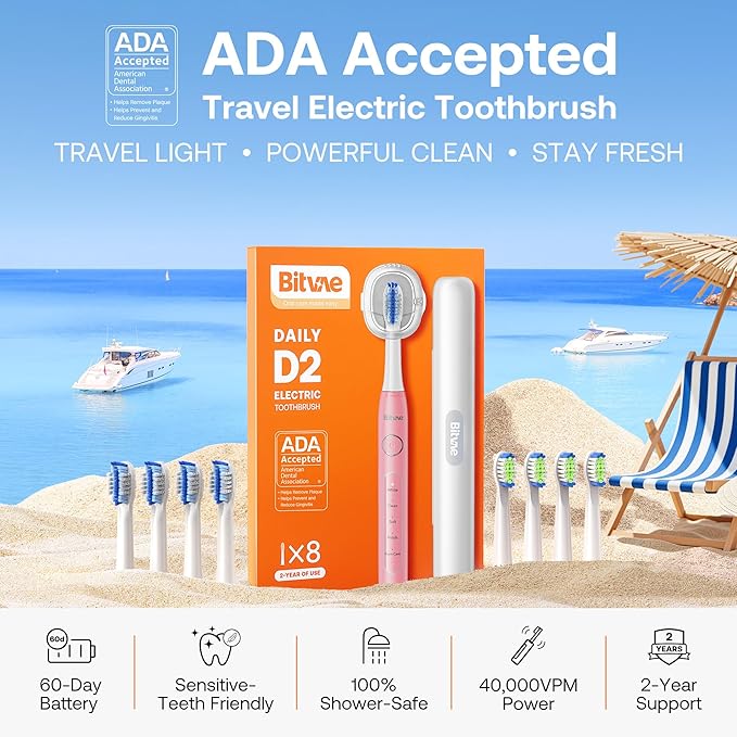 Bitvae Ultrasonic Electric Toothbrush for Adults and Kids, ADA Accepted Travel Electric Toothbrush with Rechargeable 60-Day Battery Life, 8 Heads, 5 Modes, Case/Holder, Quartz Pink