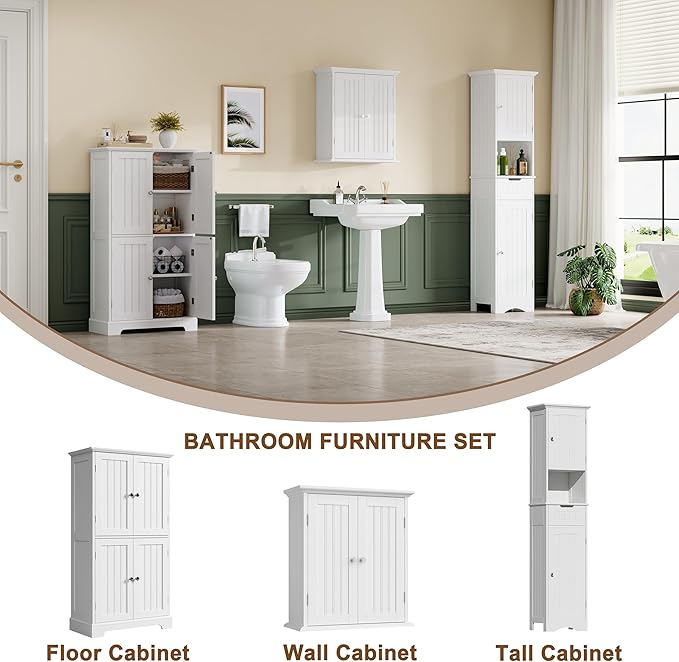ChooChoo Bathroom Floor Cabinet, Modern Bathroom Storage Cabinet with 4 Doors and Adjustable Shelves, Freestanding Cupboard for Living Room, Kitchen Pantry, White