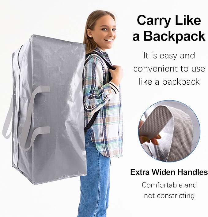 Heavy Duty Extra Large Moving Bags W/Backpack Straps - Strong Handles & Zippers, Storage Totes For Space Saving, Fold Flat, Alternative to Moving Box and Storage Bin (Set of 6, Silver)