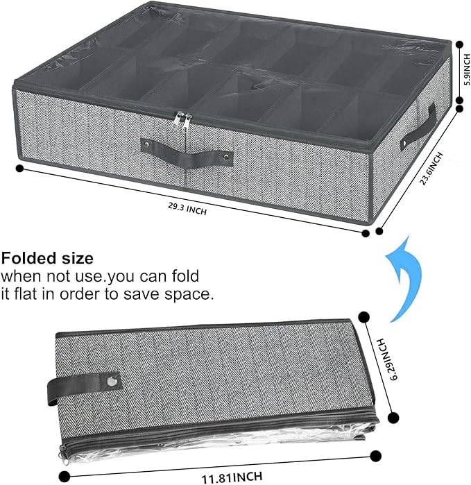 homyfort Under Bed Shoe Storage Organizer for Closet Fits 24 Pairs-Sturdy Underbed Shoe Containers Boxes Organizador De Zapatos with Clear Cover,Set of 2, 29.3 x 23.6 x 5.9inch(Herringbone Grey)