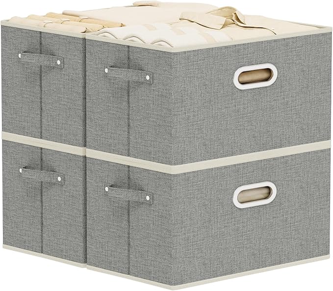 Fabric Open Storage Bins with Metal Handles, Collapsible Organizer Baskets, Foldable Cube Boxes for Shelves, Closet, Living Room, 15x9.8x9.8in, Grey, 4 Pack