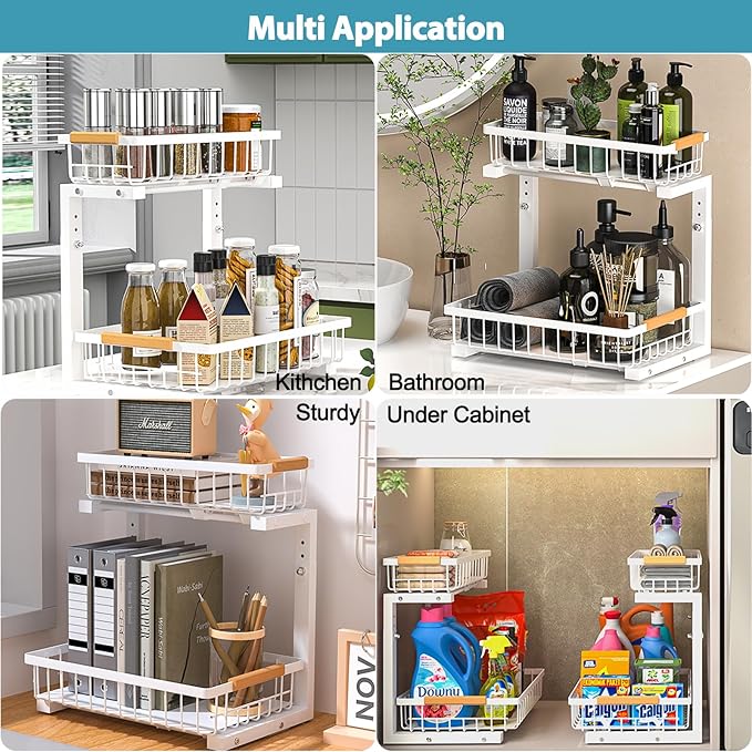 Under Sink Organizer 2 Pack, 2 Tier Slide Out Large Capacity Height Adjustable Under Sink Organizers and Storage for Kitchen Bathroom Cabinet, White