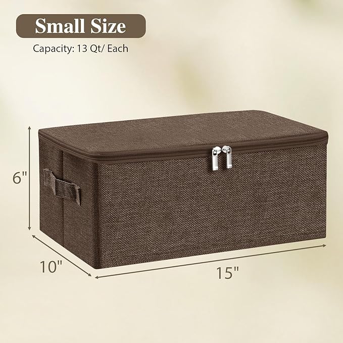 ANMINY 3PCS Storage Bins with Zipper Lids 13 Qt Lidded Fabric Storage Boxes Baskets Cubes with Handles Collapsible Washable Cotton Linen Closet Shelf Clothes Organizer Containers - Coffee, Small