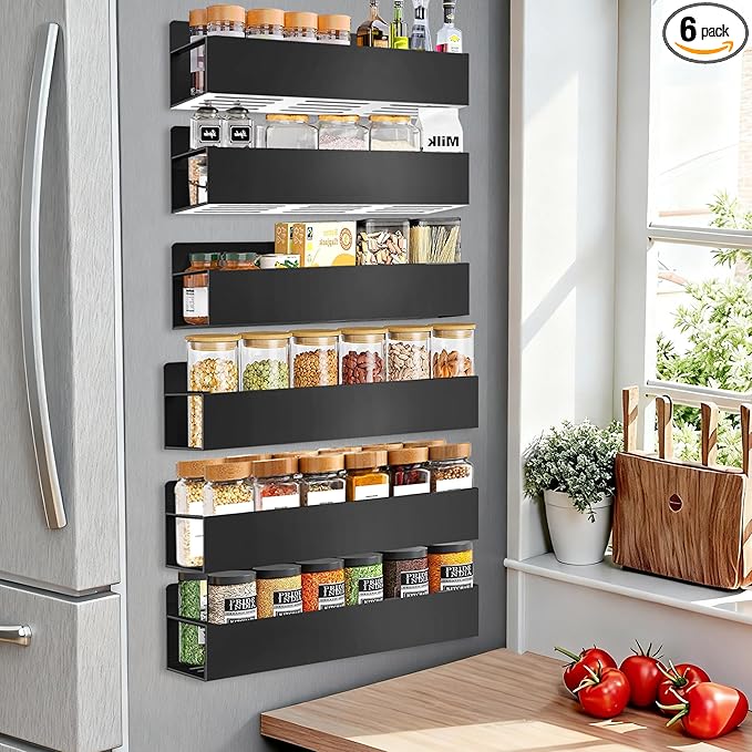 Magnetic Spice Rack Organizer for Fridge Seasoning Organizer for Kitchen storage with Screw Magnetic Shelf with Hook for Refrigerator and Oven (6pack-Black)