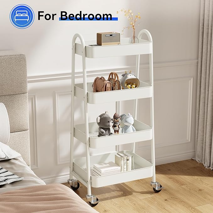 OLIXIS 4 Tier Utility Rolling Cart, Metal Mobile Storage Shelf with Lockable Caster Wheels, Organization for Livingroom, Bathroom & Narrow Places, 4-Tier White