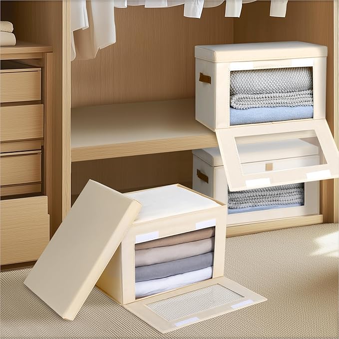Small Fabric Storage bins - Collapsible Storage Bins with Open Window, 6 Pack Closet Baskets for Shelves, Stackable Decorative Boxes for Home, Dorm, Beige, 13.7"x 9.8" x 9.8"
