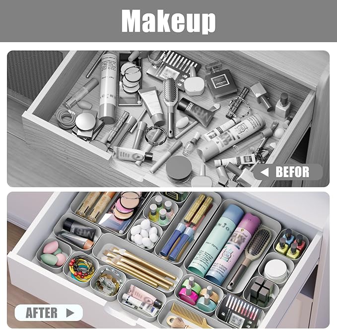 Plastic Drawer Organizers, 10 PCS Drawer Organizer Bins, Bathroom and Vanity Organizer Plastic Tray, Makeup Organizer and Storage for Makeup, Bedroom, Kitchen Gadgets Utensils and Office (Gray)