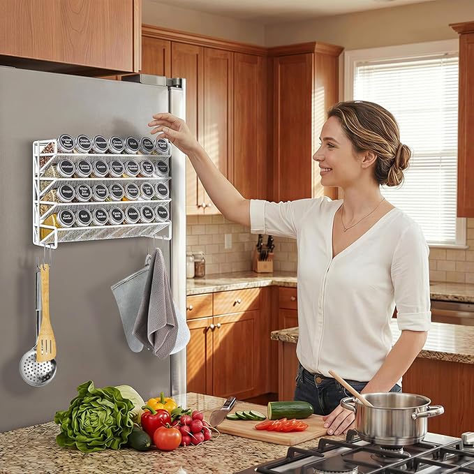 Magnetic Spice Rack Organizer for Refrigerator with 28 Spice Jars, 386 Spice Labels, 4 Hook, Chalk Marker and Funnel Set, Magnetic Shelf for Seasoning Organizer, 13.2'' W x 9.8 H, White