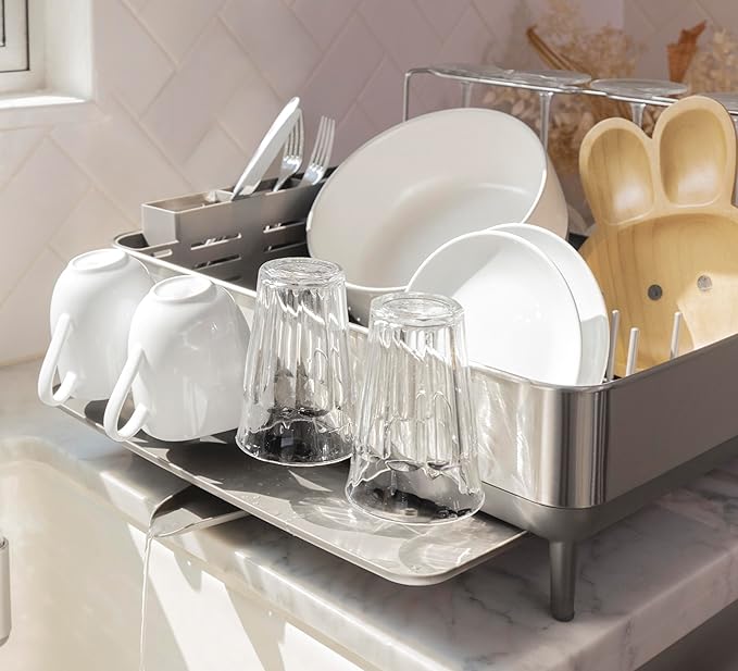simplehuman Large Capacity Dish Drying Rack with Stainless Steel Frame, 360º Easy Drain Swivel Spout, Utensil & Wine Glass Holder, Anti-Residue Coating, Moisture Control Surface, Grey