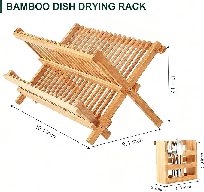 QUEENKAY Dish Drying Rack Collapsible 2-Tier Bamboo Dish Rack for Kitchen Counter Wooden Dish Drainer with Foldable Space-Saving Design for Dishes, Plates, and Cups